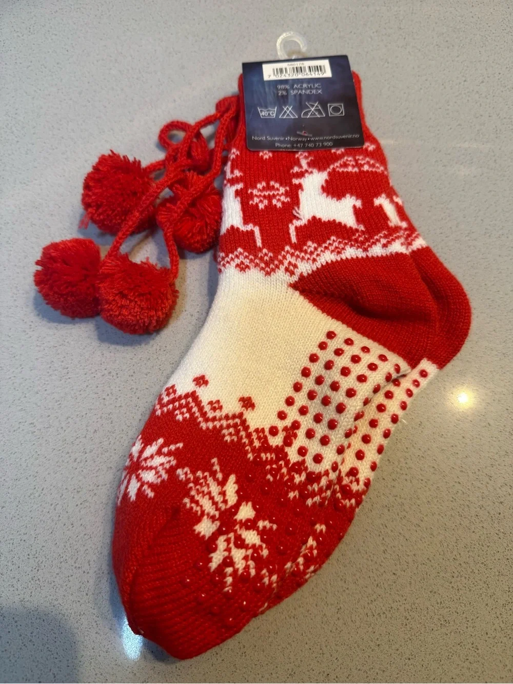 Røbek Norwegian-Style Red & White Pom-Pom Fair Isle Socks